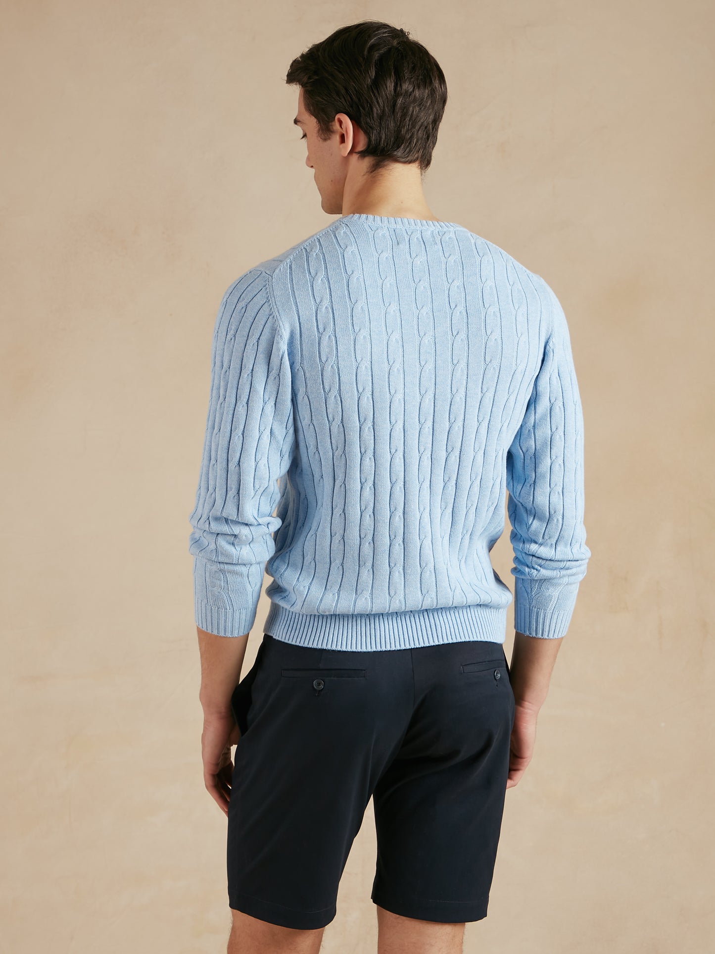 Cable Knit Cotton Cashmere Crew Neck Jumper  - Sky Blue