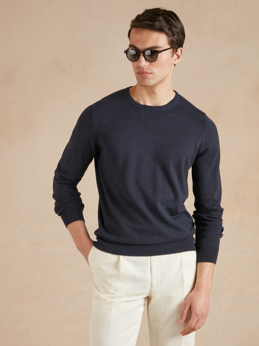 Lightweight Cotton Cashmere Crew Neck Jumper - Navy