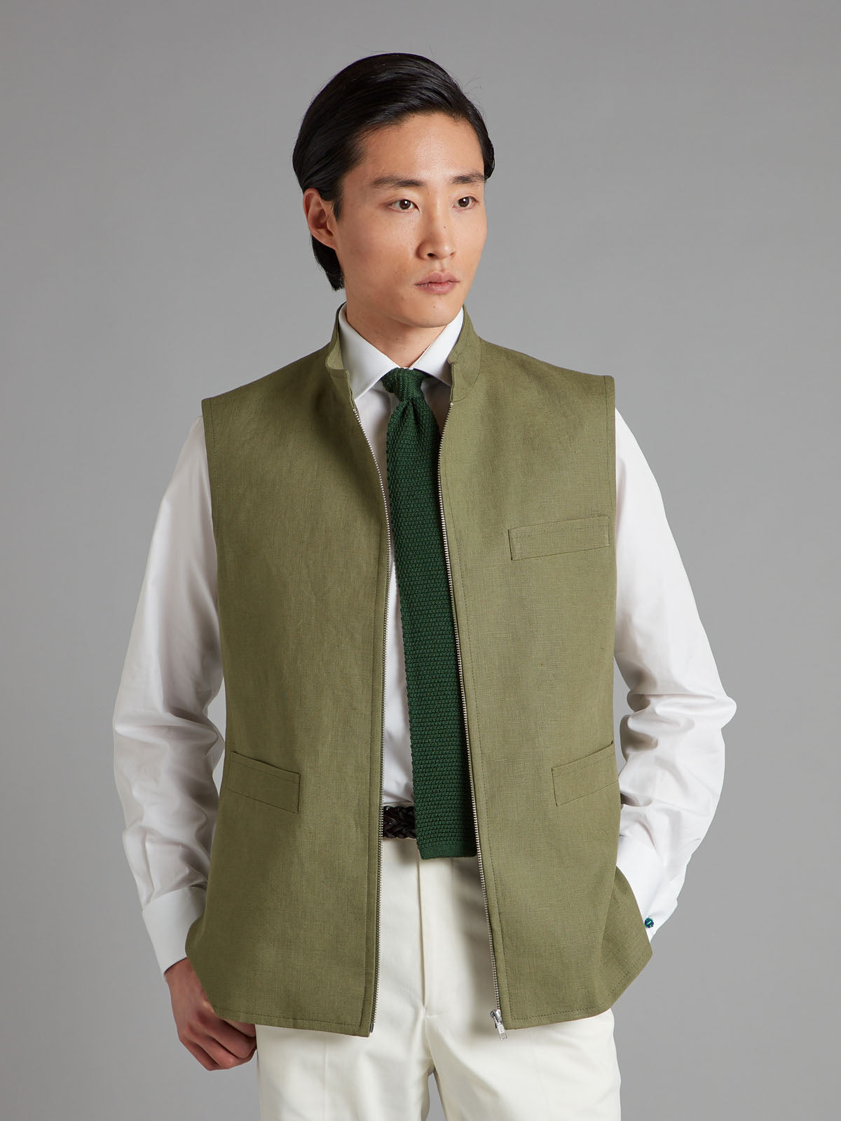 Linen Gilet with Zip - Sage Green