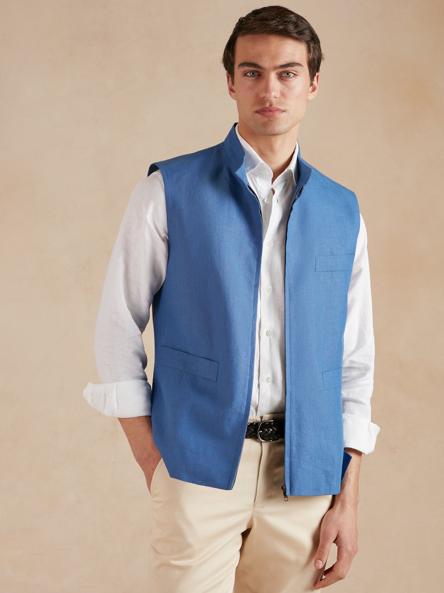 Linen Gilet with Zip - Cobalt Blue