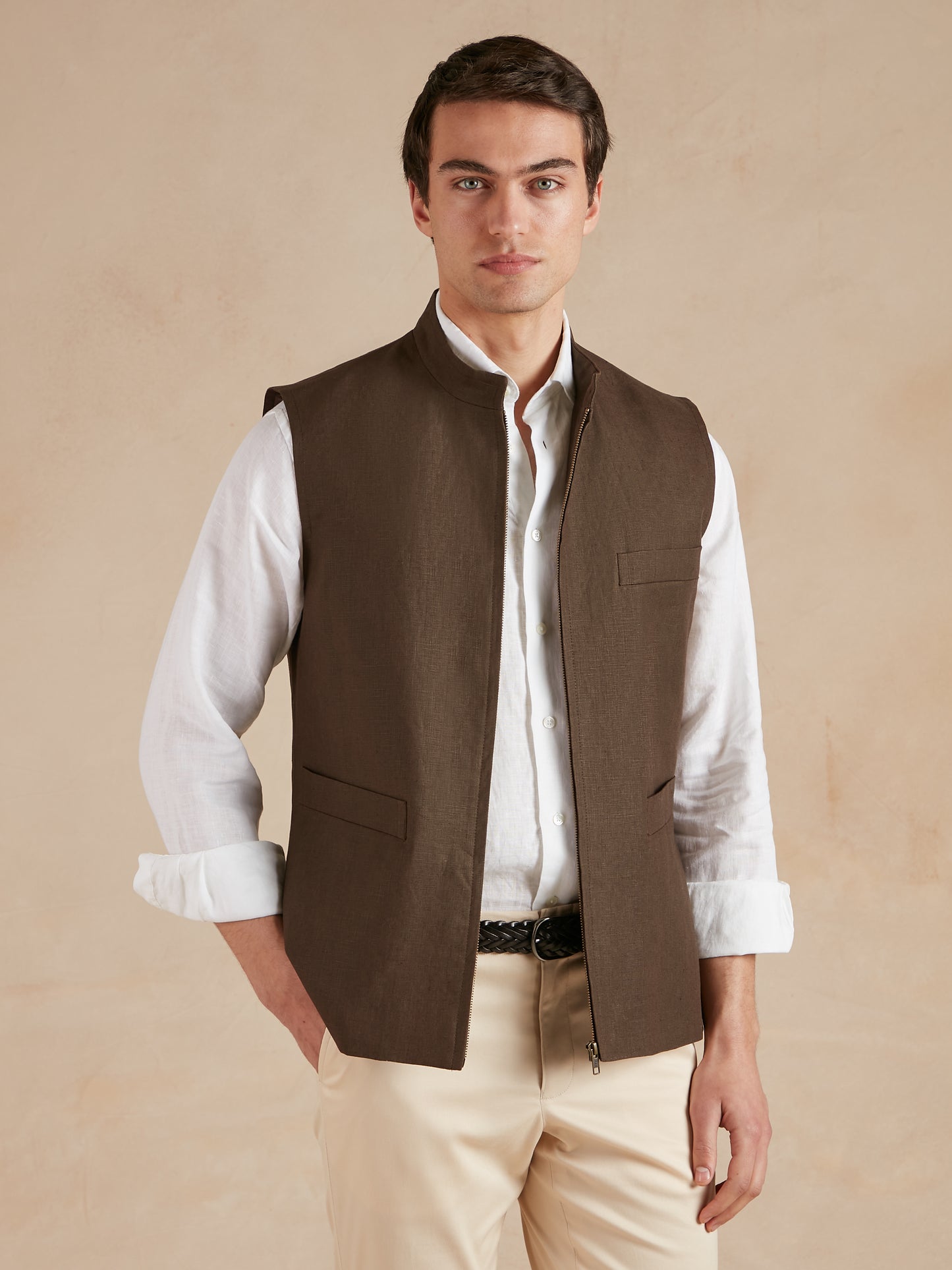 Linen Gilet with Zip - Dark Brown