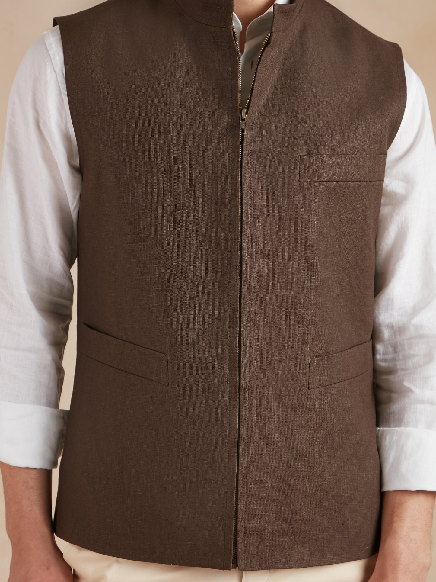 Linen Gilet with Zip - Dark Brown