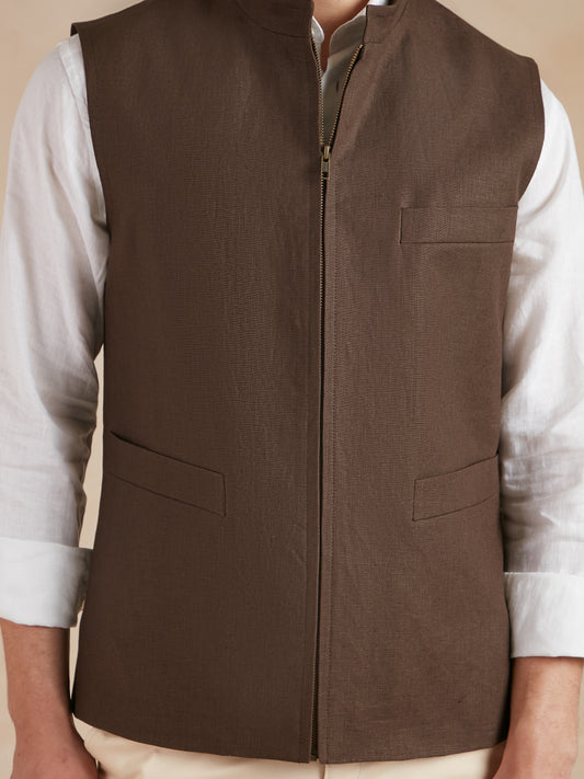 Linen Gilet with Zip - Dark Brown