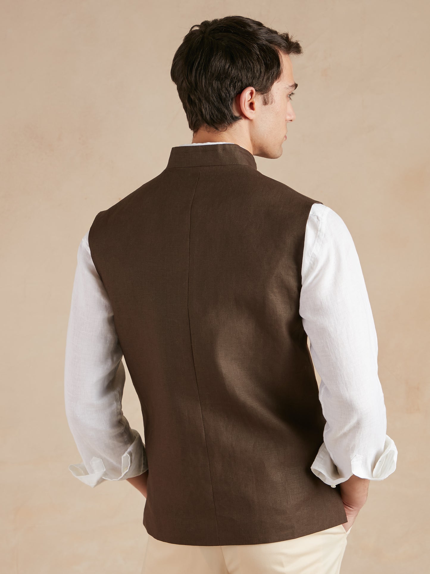 Linen Gilet with Zip - Dark Brown