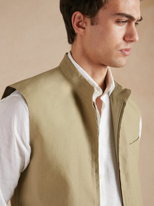 Linen Gilet with Zip - Sage Green