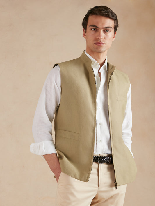 Linen Gilet with Zip - Sage Green