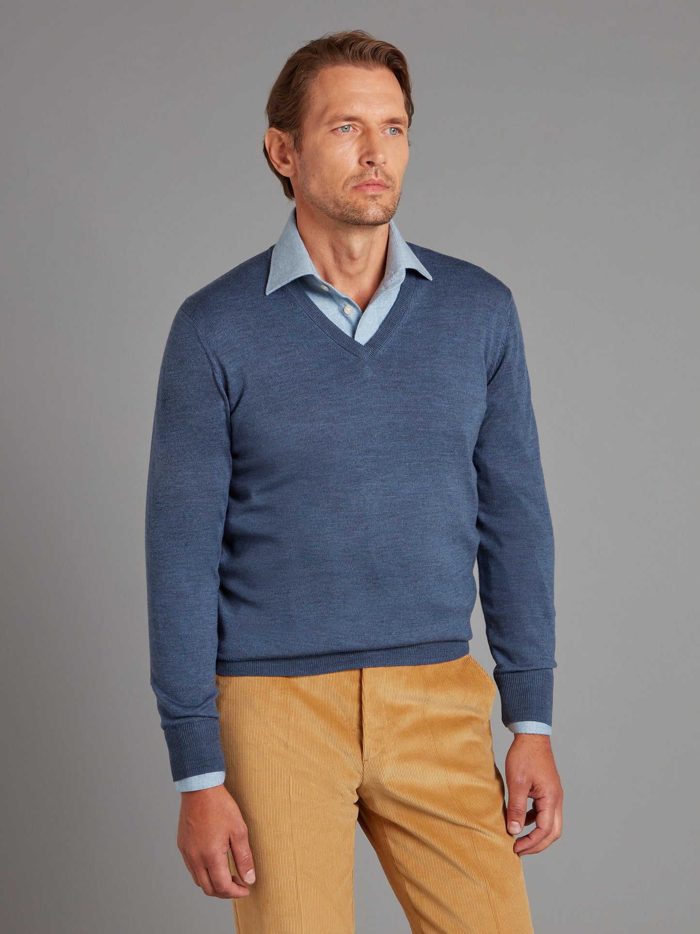 Merino V Neck Jumper - Denim