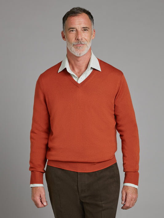 Merino V Neck Jumper - Rust