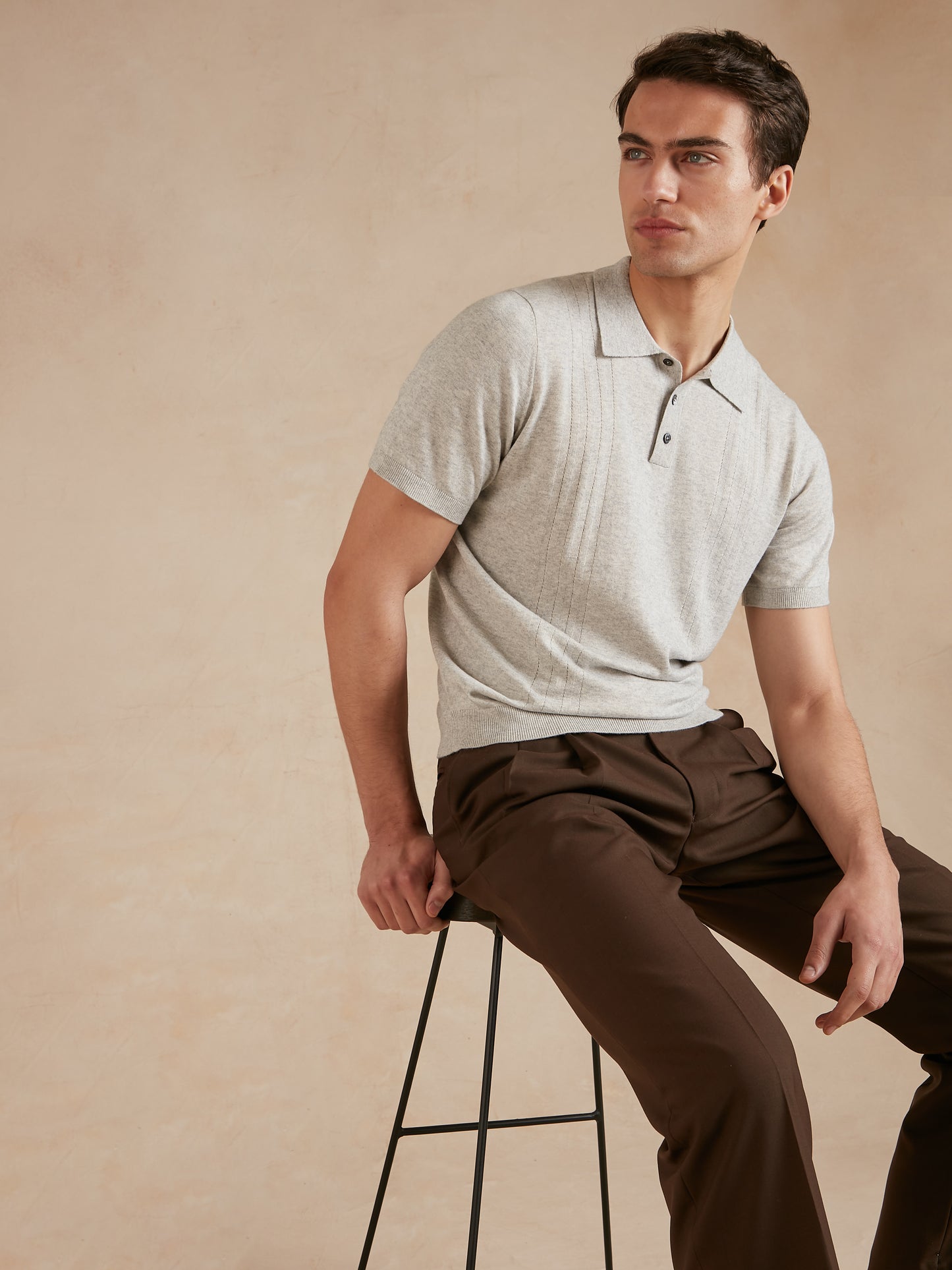 Polo Shirt with Pointelle Detail - Light Grey