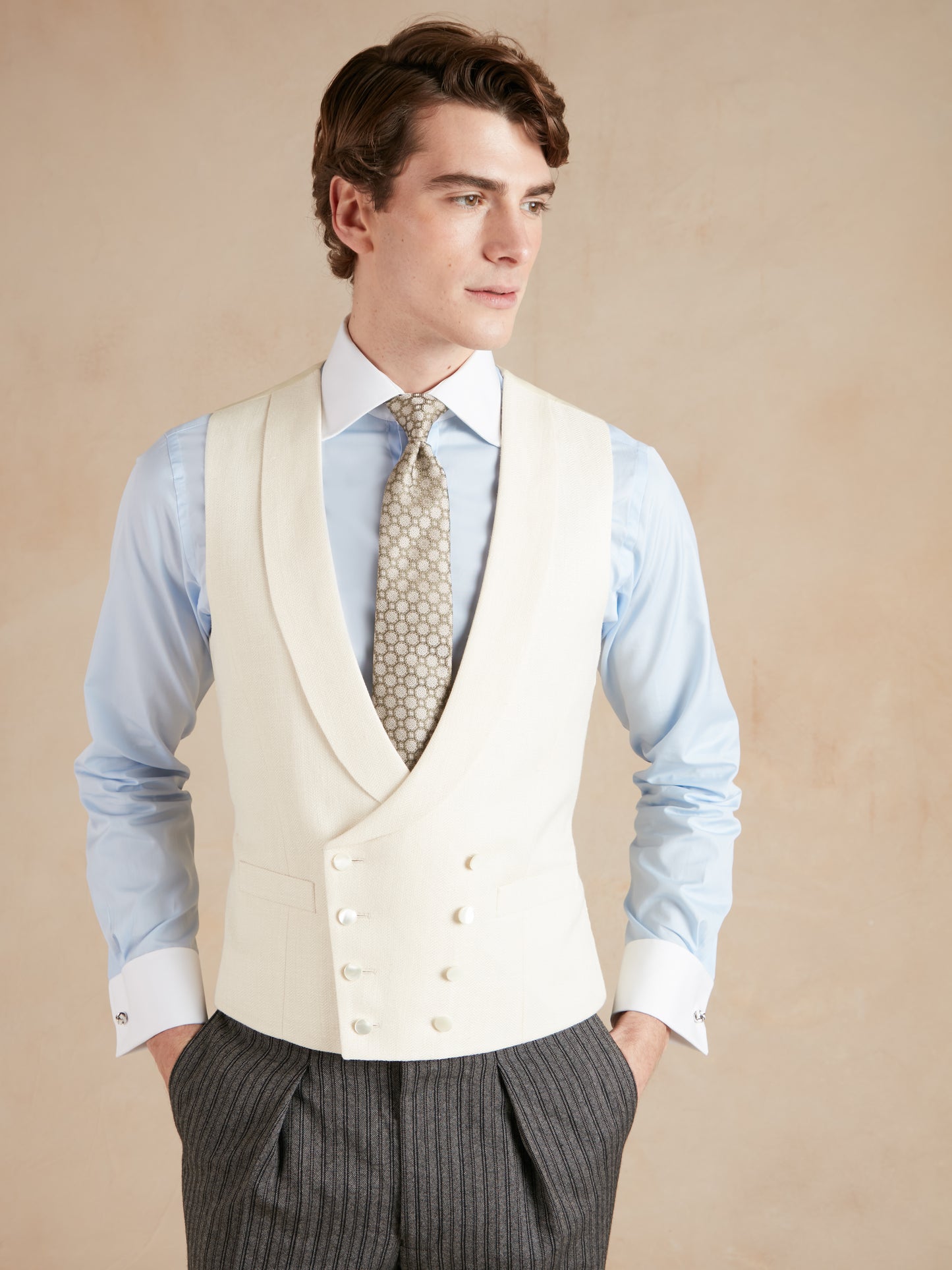 Double Breasted Waistcoat - Ivory Herringbone