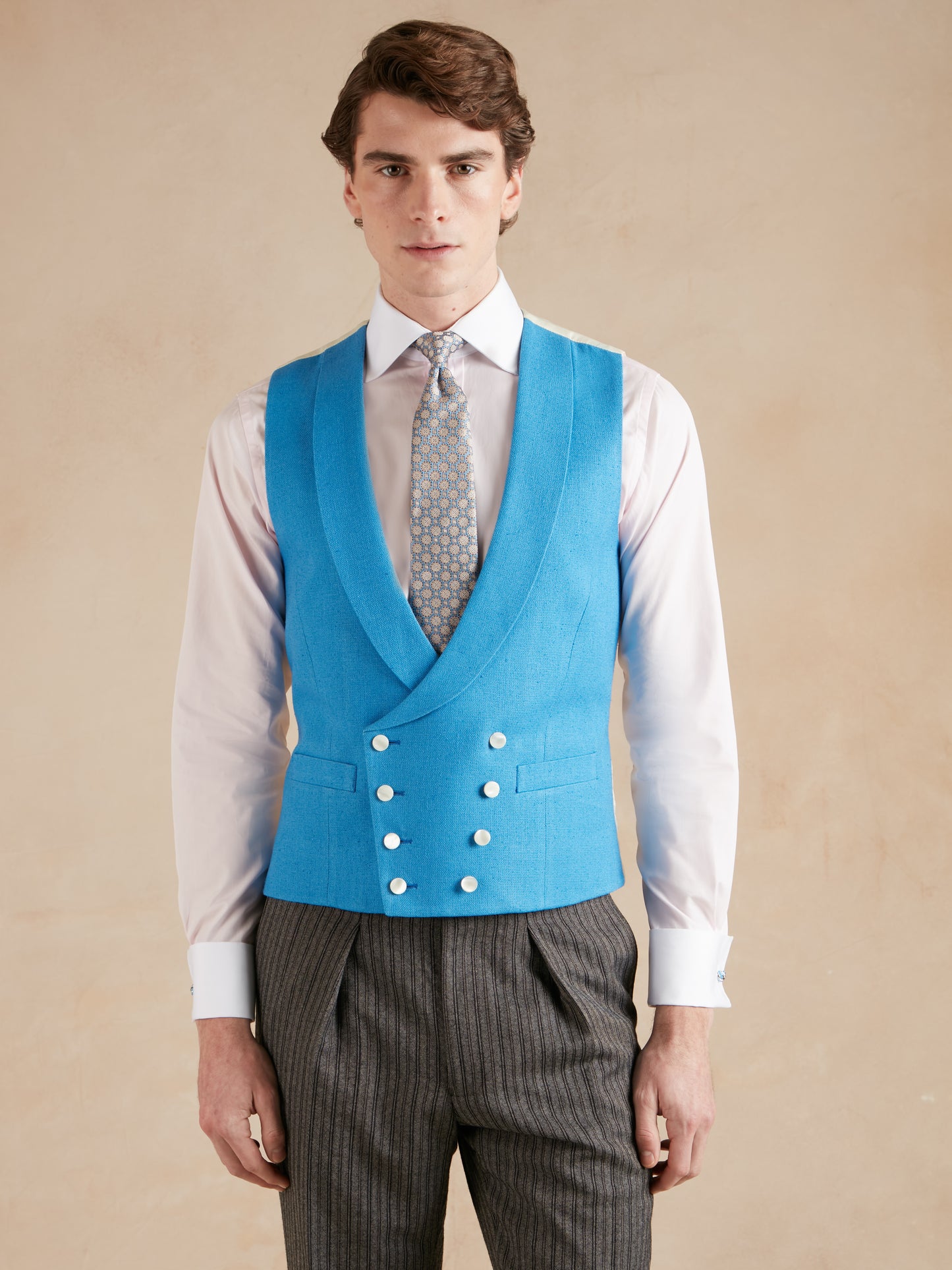 Pure Silk Double Breasted Waistcoat - Mid Blue