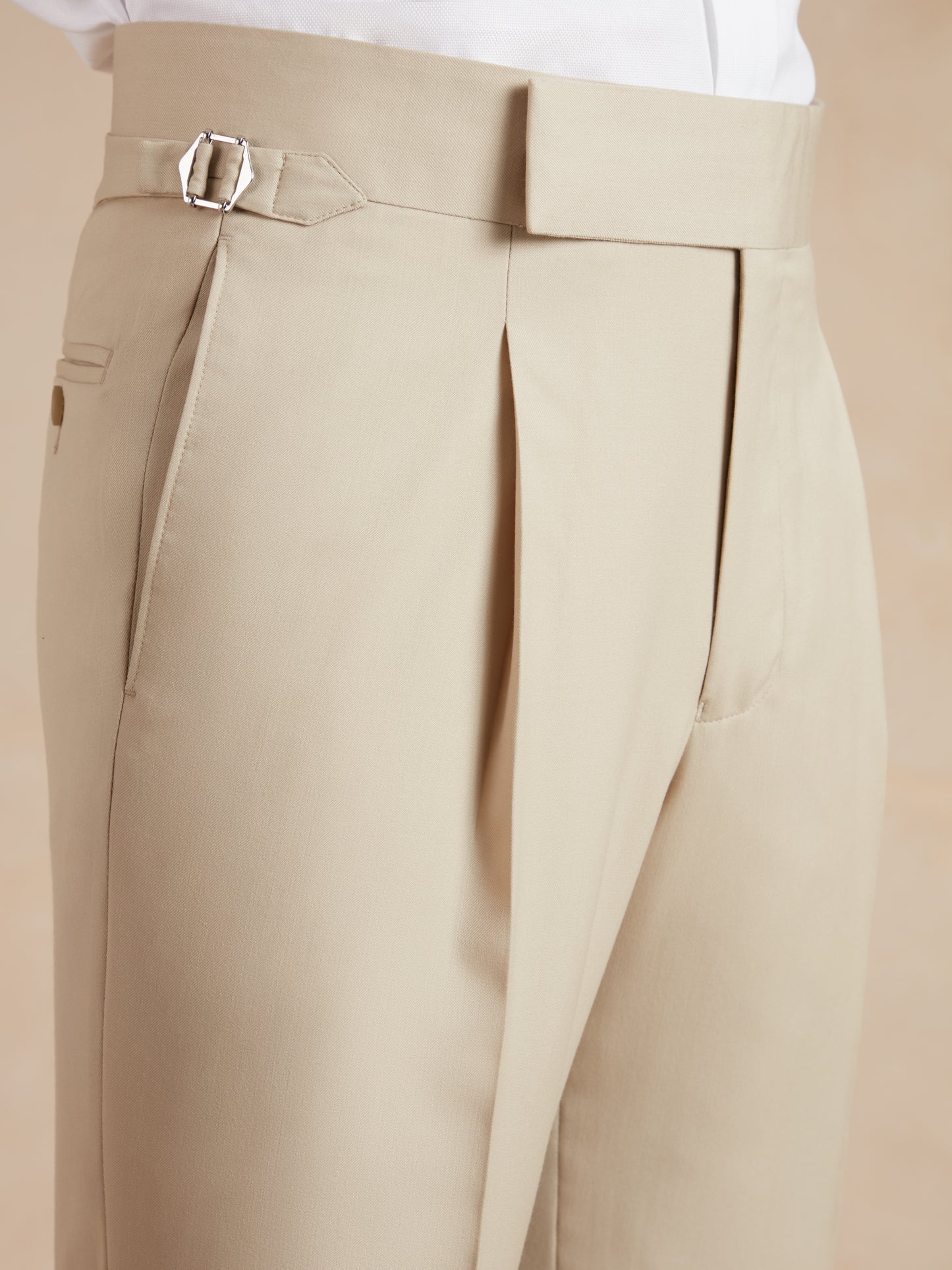 Single Pleat Cool Wool Trousers - Beige