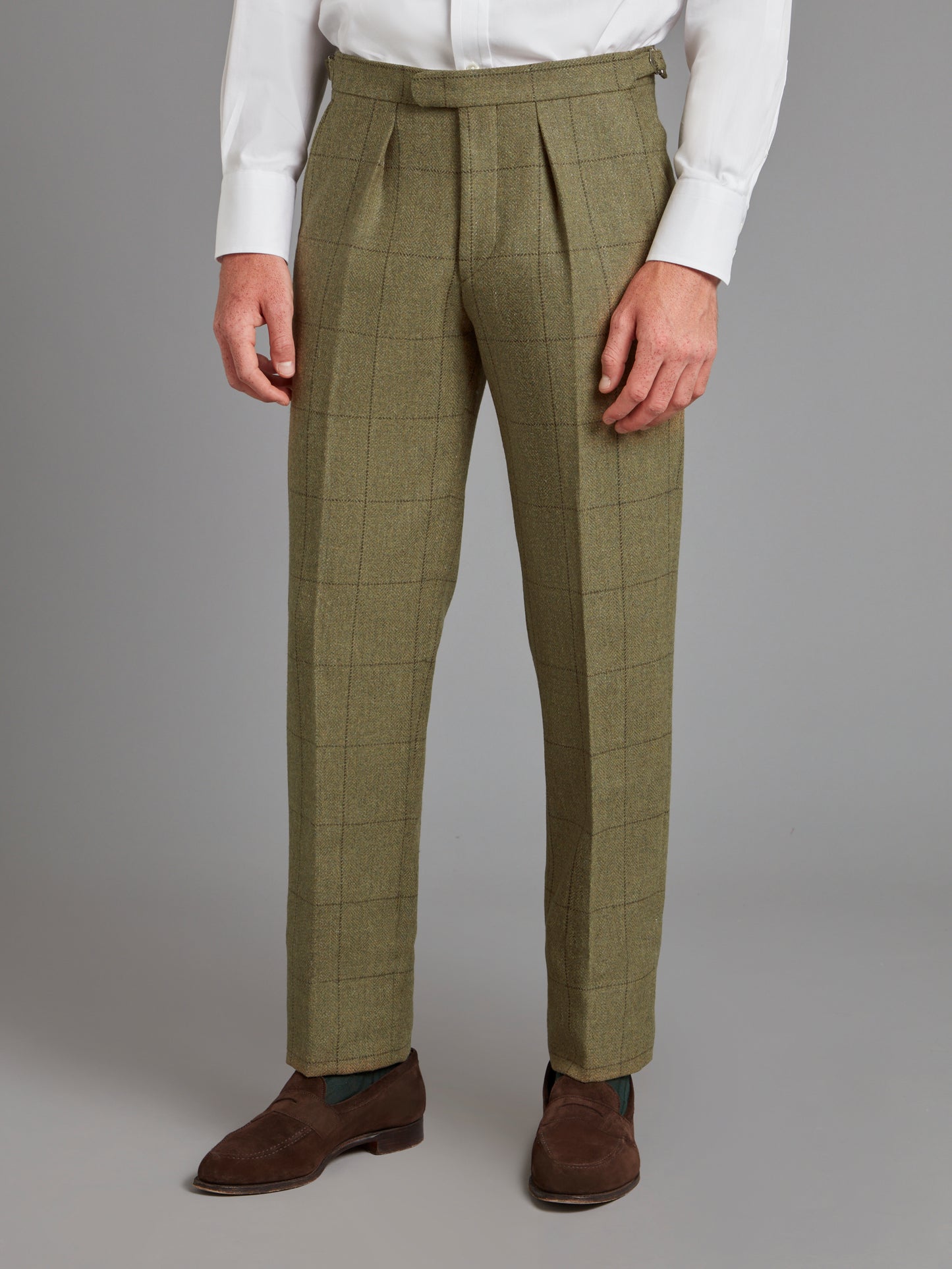 Pleated Trousers - Moss Windowpane Tweed