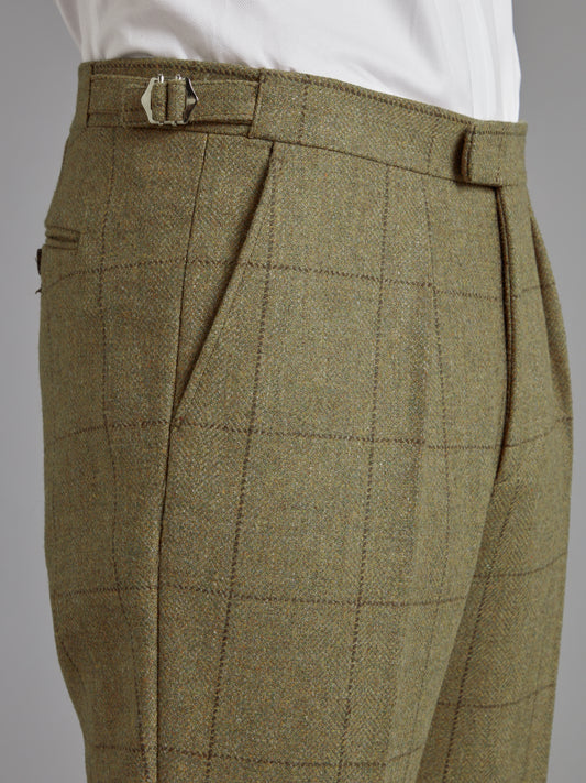 Pleated Trousers - Moss Windowpane Tweed