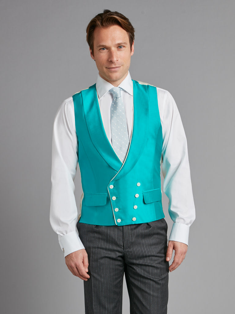 Double Breasted Silk Waistcoat With Piping - Jade Green