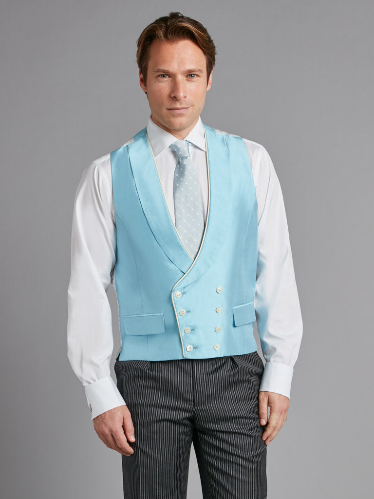 Double Breasted Silk Waistcoat With Piping - Blue