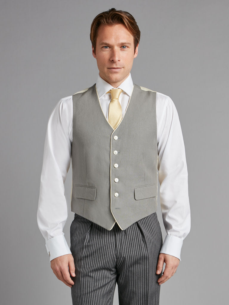 Single Breasted Linen Vest With Piping - Grey