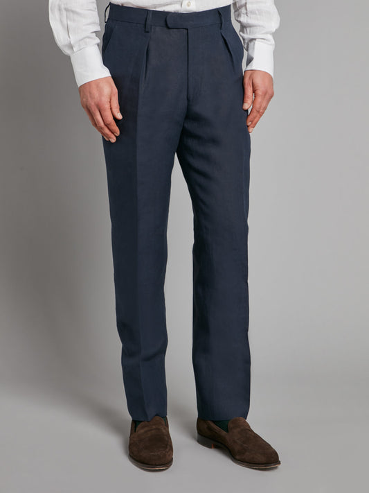 Pimlico Linen Flat Front Trousers - Dark Navy