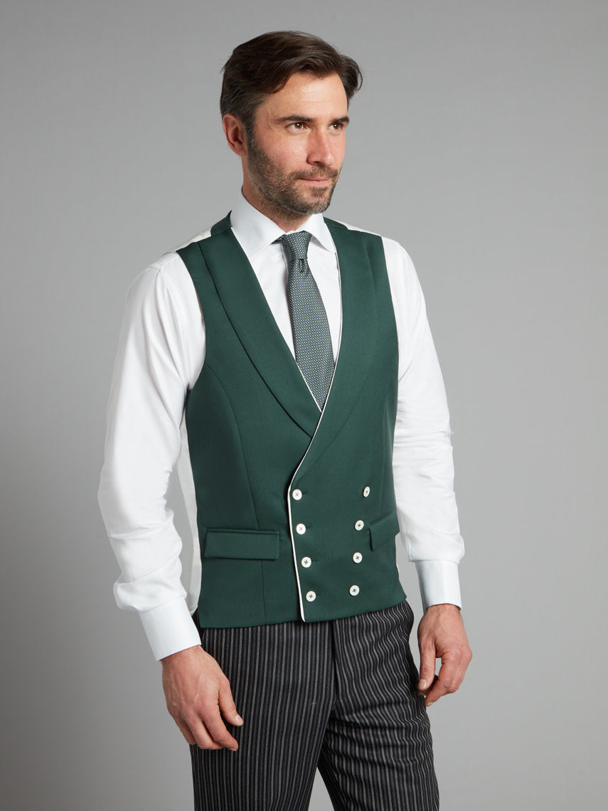 Double Breasted Wool Vest With Piping - Hunter Green