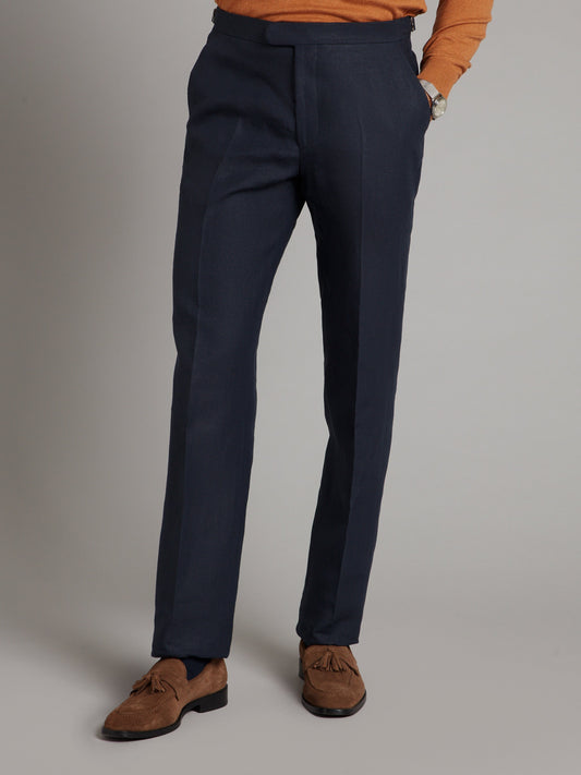 Flat Front Trousers - Navy Linen