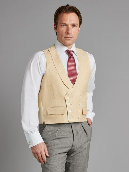 Double Breasted Waistcoat with Piping - Gold Herringbone