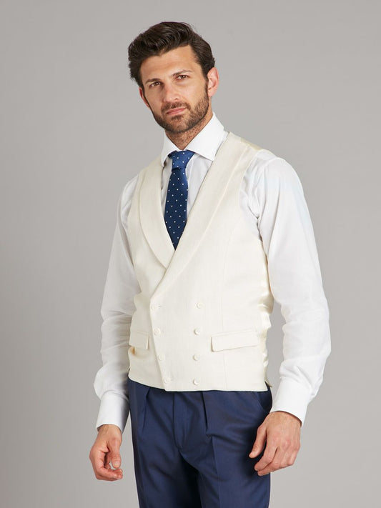 Double Breasted Waistcoat With Piping - Ivory Herringbone