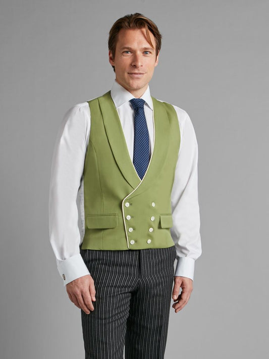 Double Breasted Wool Vest With Piping - Green