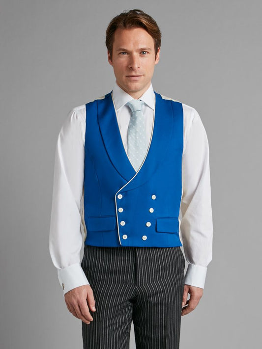 Double Breasted Wool Vest With Piping - Royal Blue