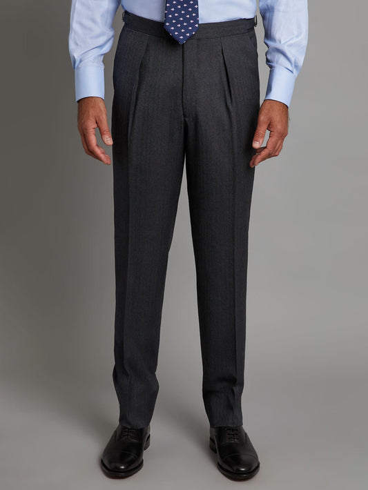 Pleated Suit Trousers - Grey Herringbone