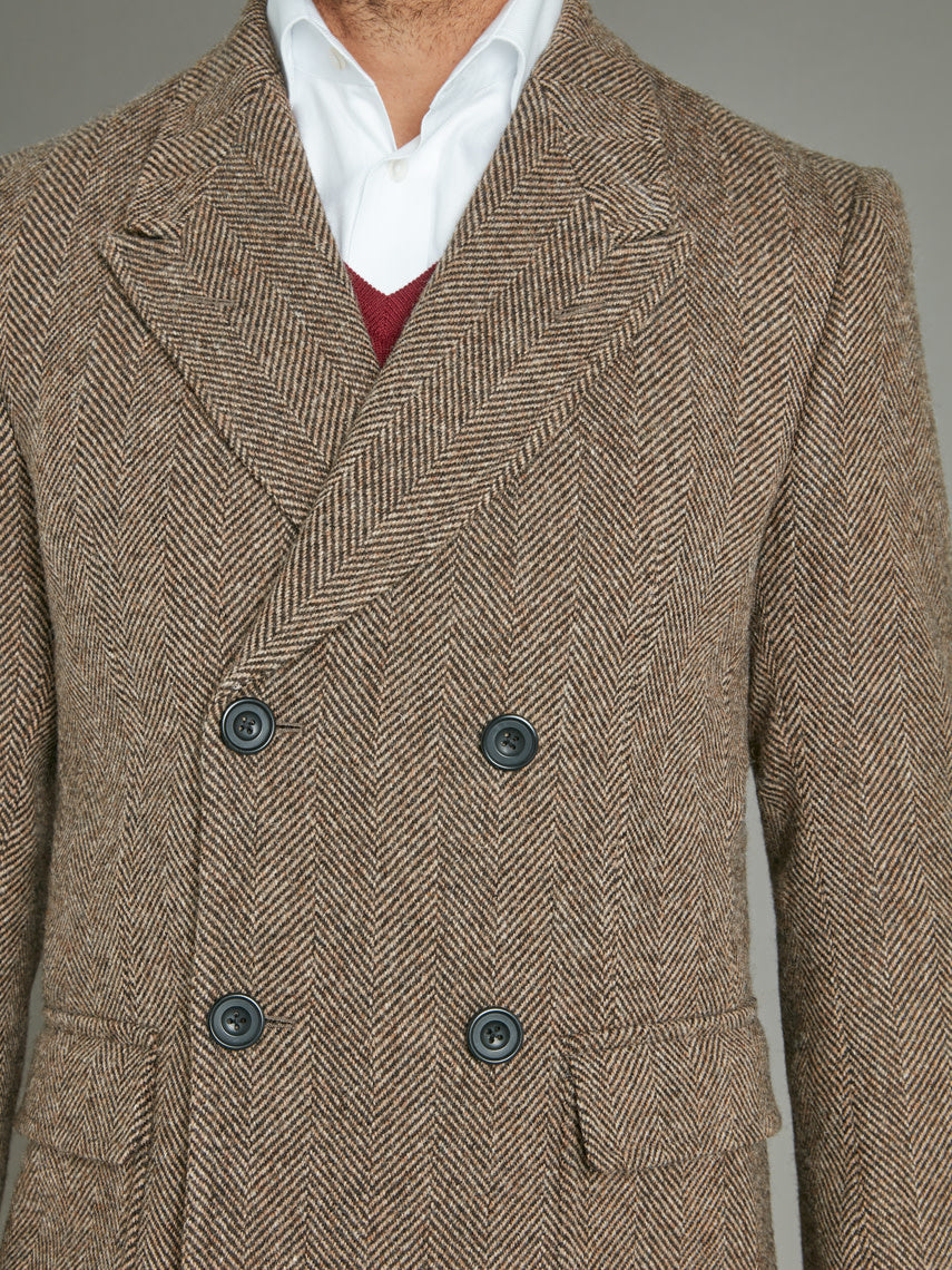 Double Breasted Overcoat - Brown Herringbone