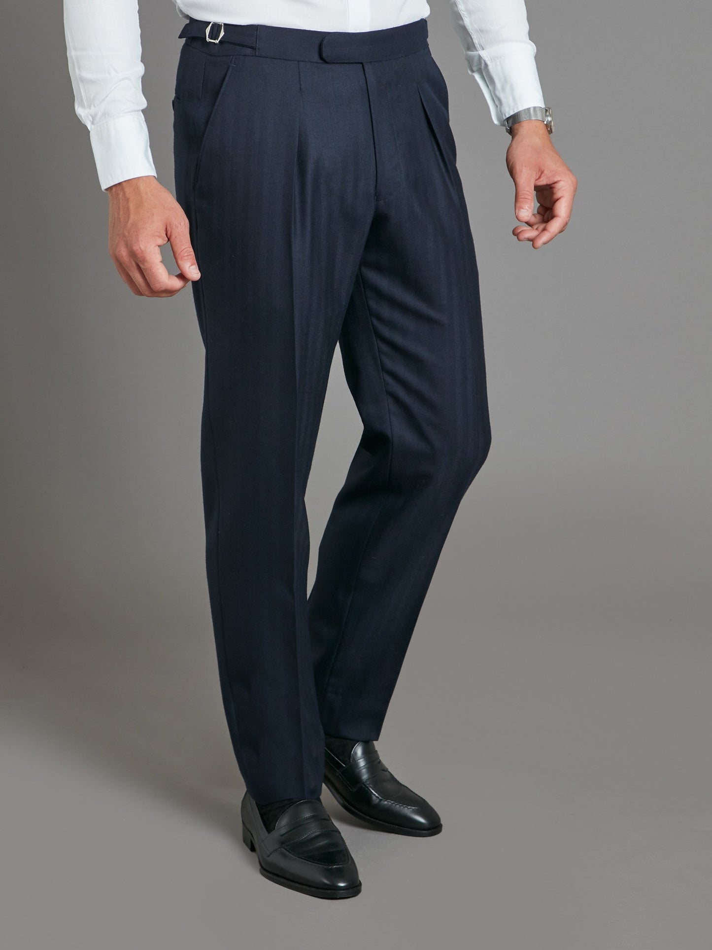 Pleated Suit Pants - Navy Herringbone