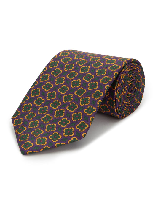 Floral Print Pure Silk Tie - Purple / Green